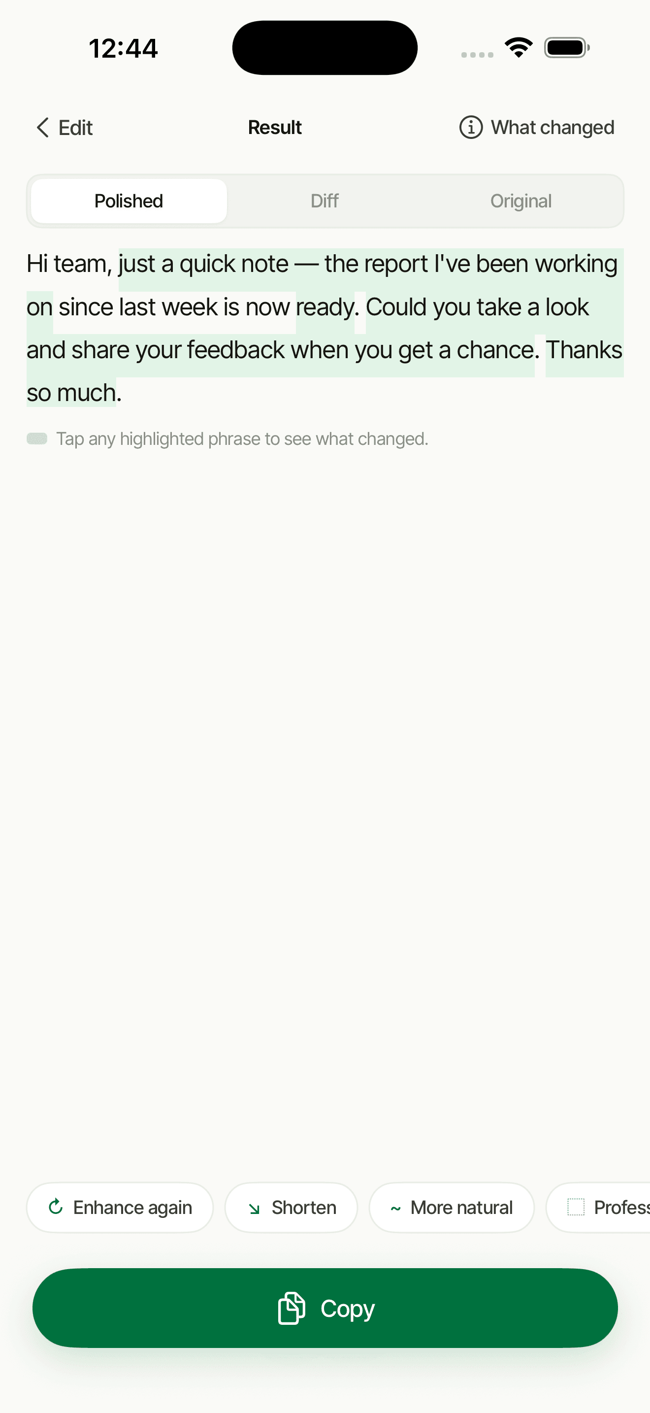 NaturalWrite showing a polished rewrite